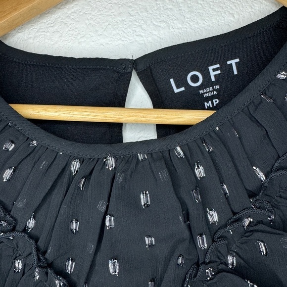 Loft Black Long Sleeve Polka Dot Embroidered Ruffle Medium Petite Top - Picture 4 of 6